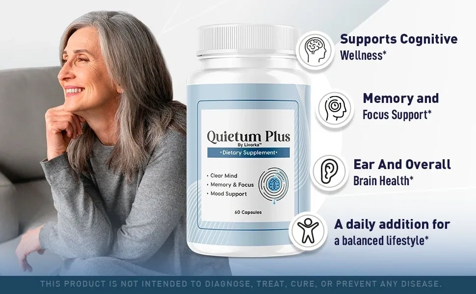 Quietum Plus dietary supplement bottle with calm lifestyle visual for hearing and brain wellness support