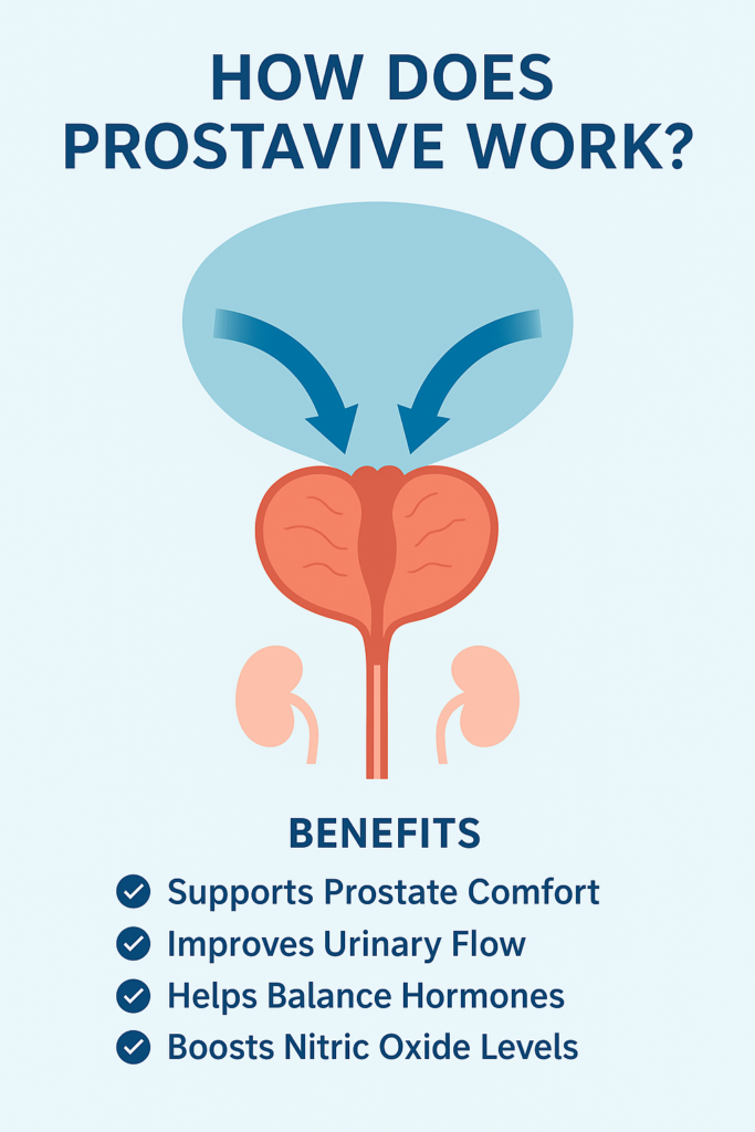How ProstaVive works illustration showing prostate and urinary flow