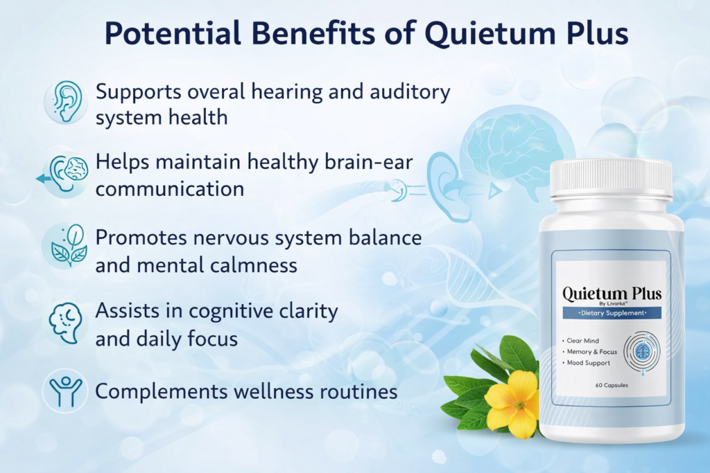 Quietum Plus potential benefits for cognitive wellness, focus, and ear health support