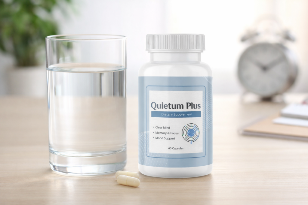 Quietum Plus capsules with daily supplement routine and glass of water