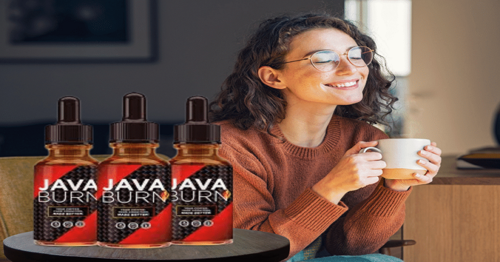 Java Burn supplement bottles placed beside a woman enjoying a cup of coffee at home