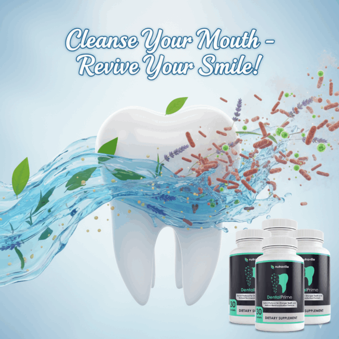 DentalPrime supplement bottles with natural ingredients background