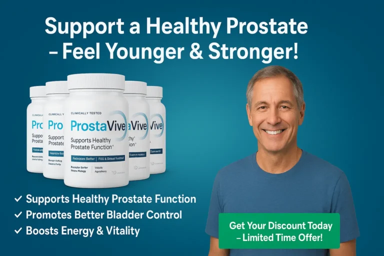 ProstaVive benefits with product bottles and smiling mature man