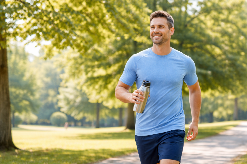 How Blood Flow Supports Healthy Erections and Male Vitality Man walking in park supporting healthy blood flow naturally