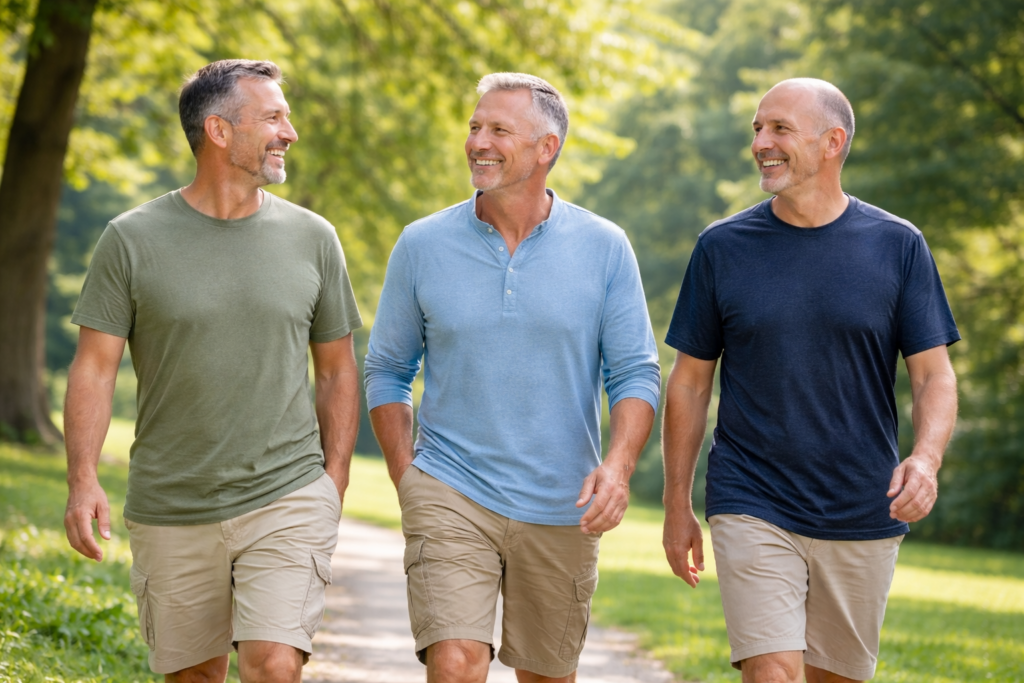 Middle-aged men walking in park supporting prostate health naturally