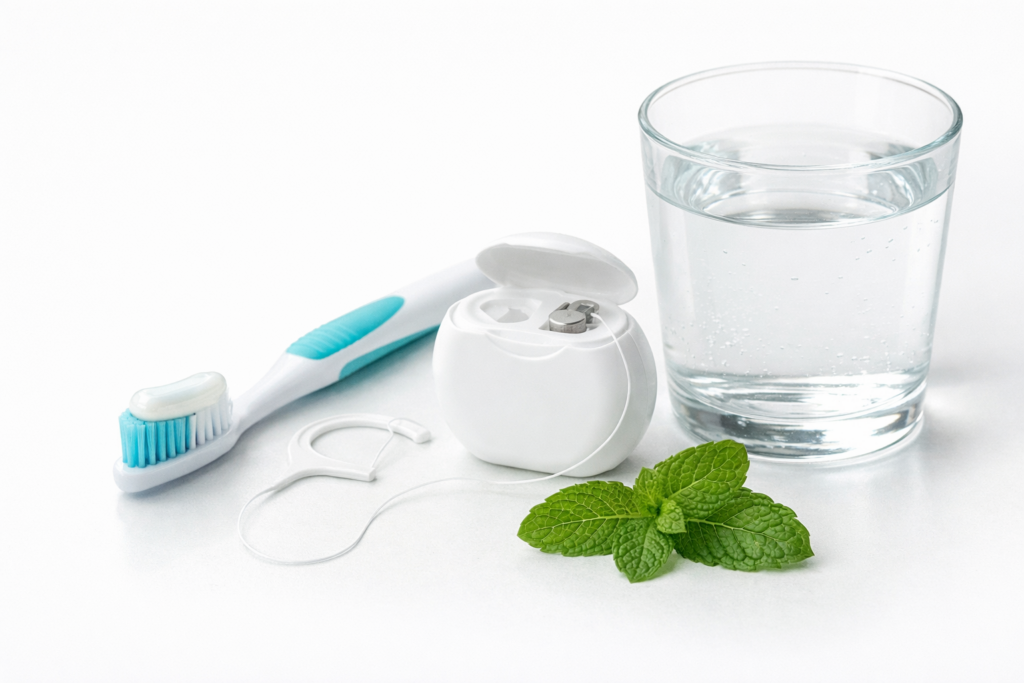 Simple oral care routine with toothbrush, floss, water, and mint leaves for healthy gums