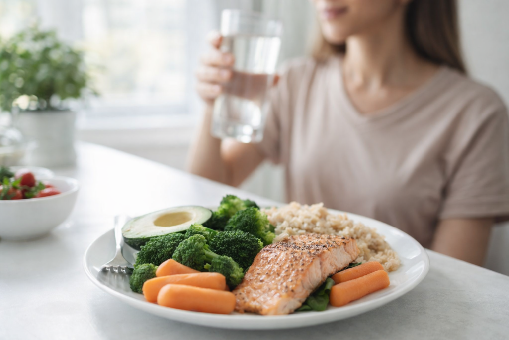 Healthy meal and hydration supporting digestive health and gut balance