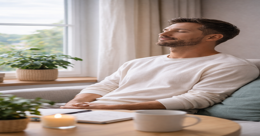 Man sitting calmly near a window practicing mindfulness for mental clarity and brain wellness