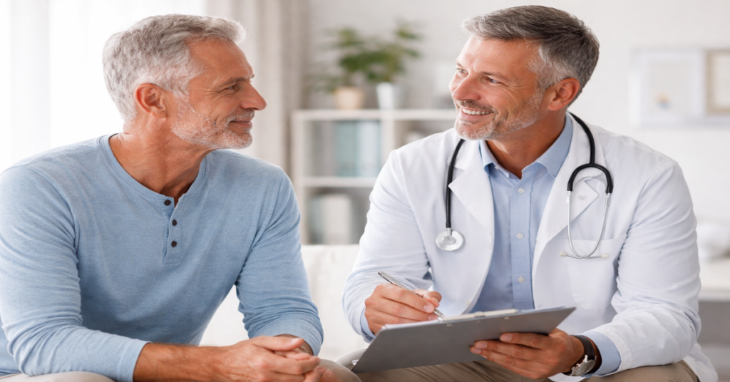 Common Prostate Health Concerns and Natural Support Tips Doctor consulting a man about prostate health support after 40