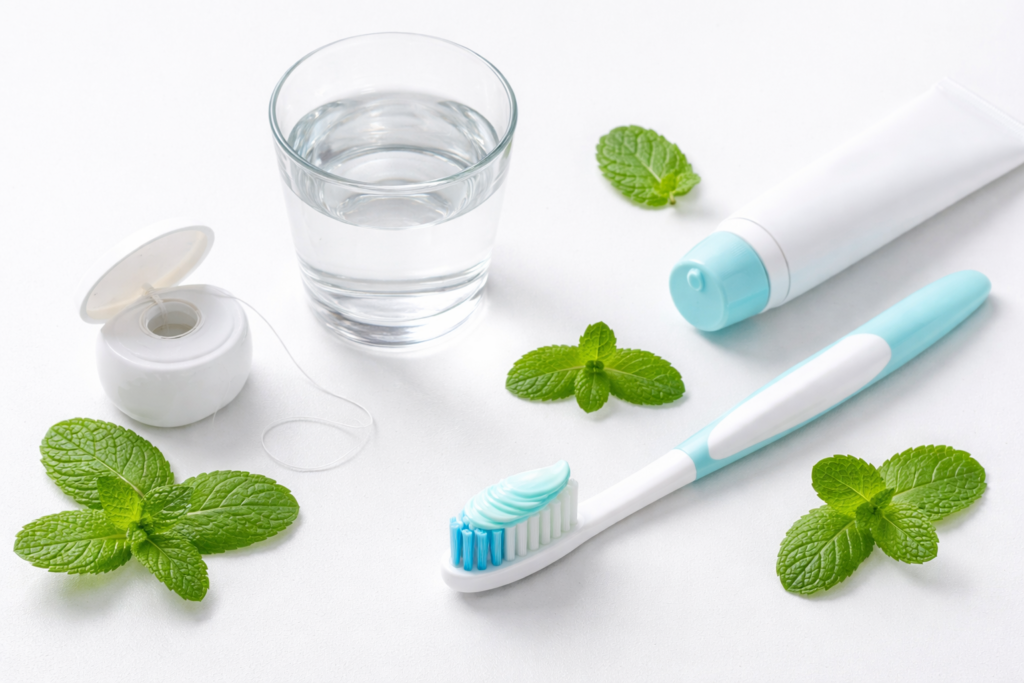 Clean oral care routine setup with toothbrush, floss, water, and mint leaves