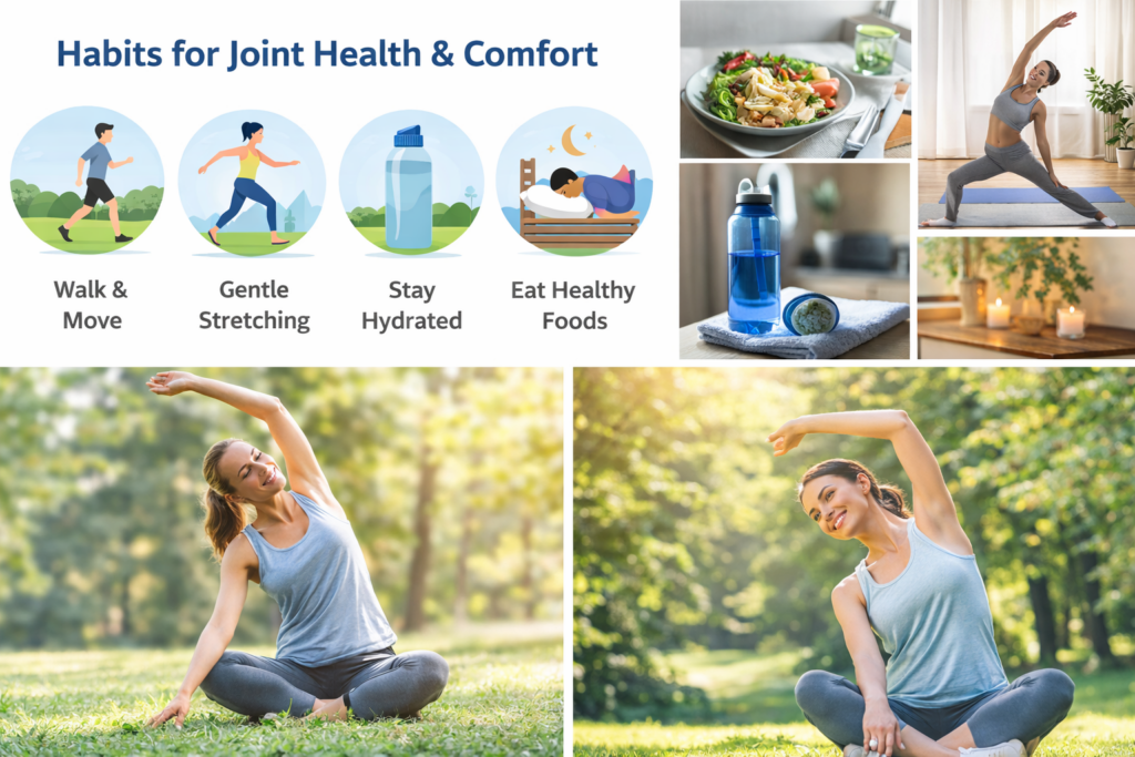 daily habits to support joint health including walking stretching hydration healthy diet and sleep
