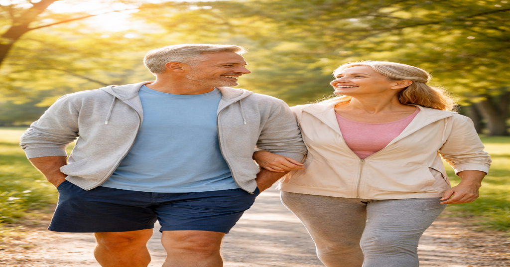 Why Hearing Clarity Declines With Age and How to Support Ear Health Naturally Middle-aged couple enjoying a peaceful morning walk to support healthy aging and overall wellness