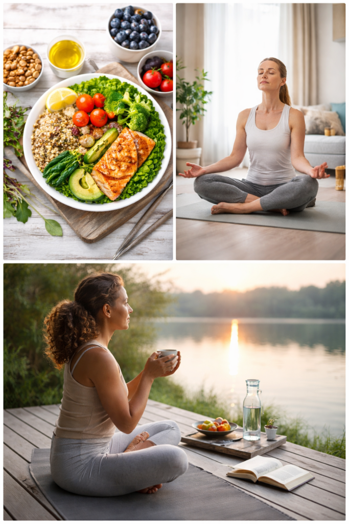 Healthy lifestyle habits including balanced meal, yoga practice, and calm morning routine for overall wellness