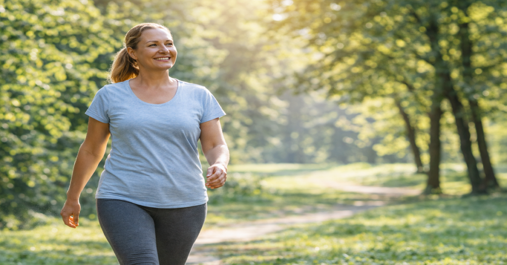Common Causes of Joint Pain and How to Support Joint Health Naturally Middle-aged woman walking in park to support joint health and mobility naturally