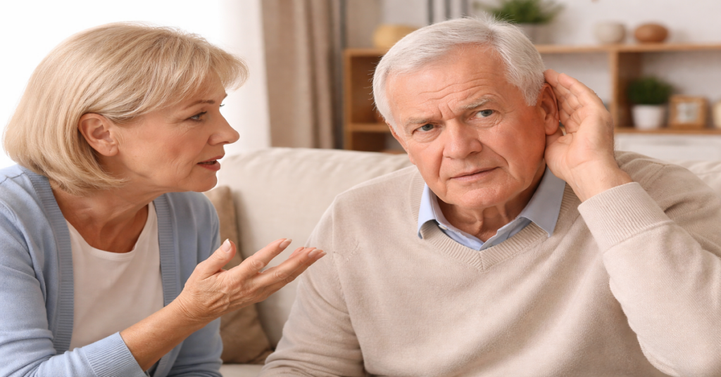 Why Hearing Problems Increase With Age: Causes, Myths, and Natural Support elderly man struggling to hear a conversation due to age related hearing problems