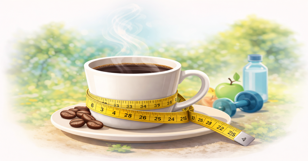 Does Coffee Really Boost Metabolism? Science, Myths & What Actually Works coffee cup with measuring tape showing metabolism and weight management concept